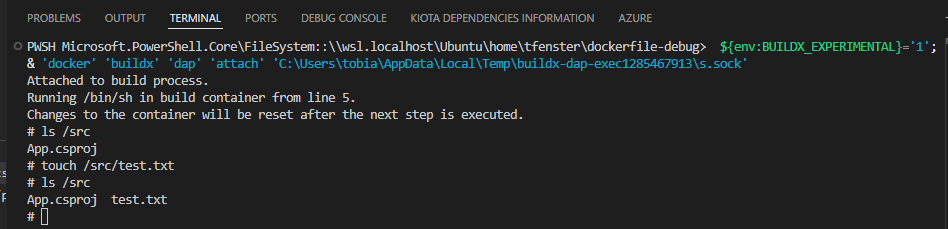 Screenshot showing dockerfile debugging with an interactive debug console showing an ls command, then a touch command and then the same ls command with the new file